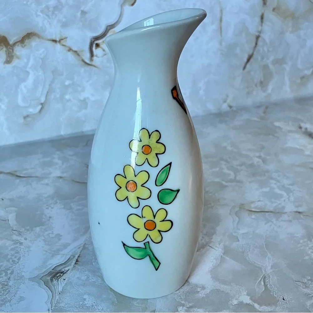 VTG ceramic cruet white/yellow daisies‎ Cl Japan sake/sauce serving pitcher